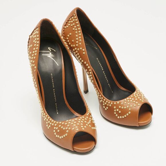 Giuseppe Zanotti Brown Leather Studded Peep Toe Pumps Size 38 - Picture 4 of 7
